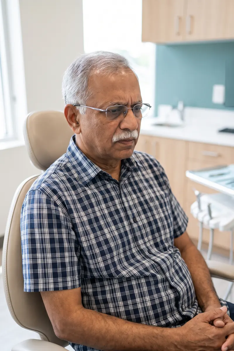 Man in a dental chair thinking about options for missing or failing teeth