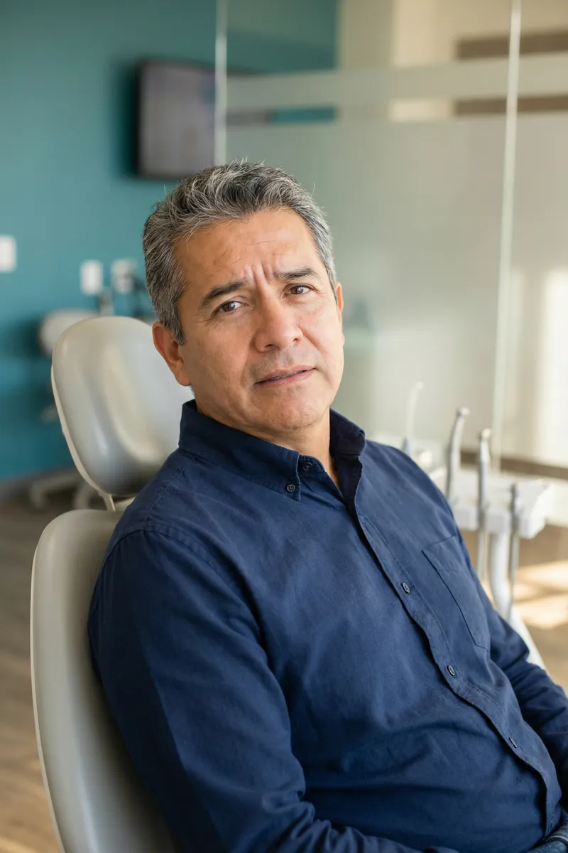 Confident patient smiling in dental chair at myDental Anderson Mill in Austin