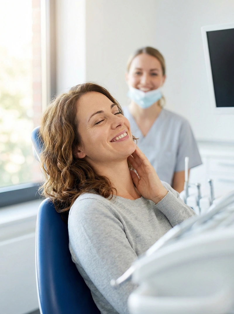 Relieved patient smiling after emergency dental treatment at myDental Anderson Mill