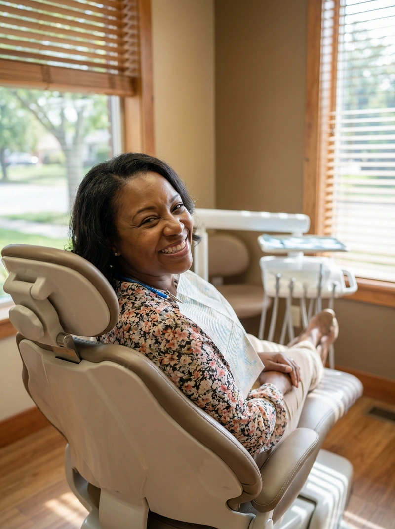 Relieved patient smiling after emergency dental treatment at myDental Elgin