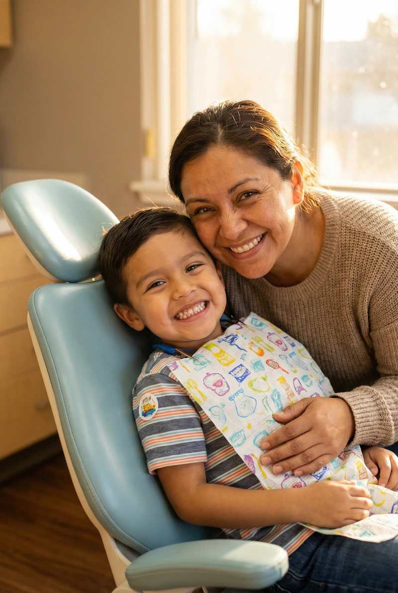 Happy child after a dental visit at myDental Manor