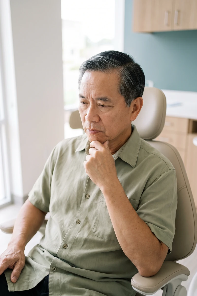 Man in a dental chair thinking about options for missing or failing teeth
