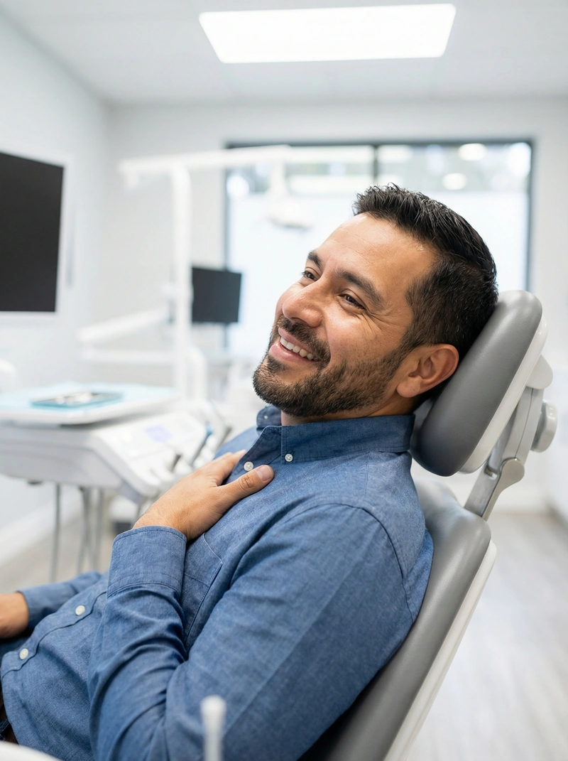 Smiling patient after emergency dental treatment at myDental Norwood Park in Austin