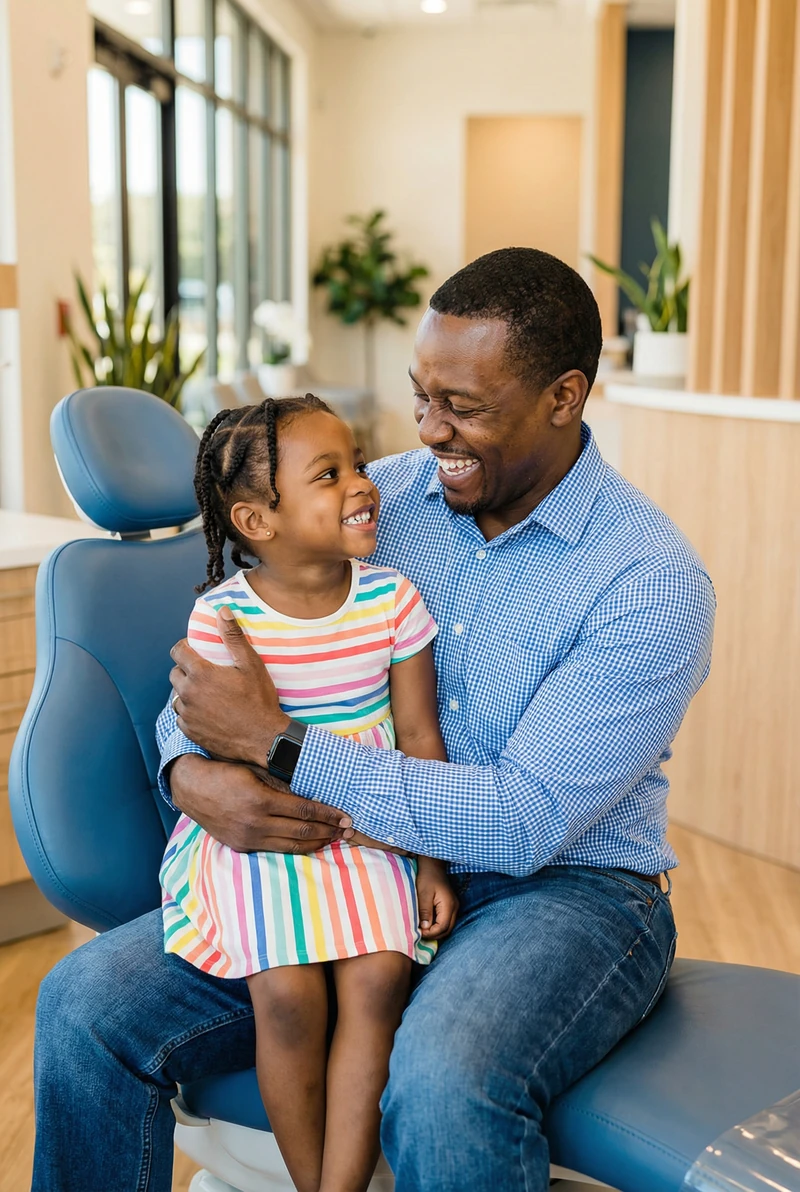 Happy child after a dental visit at myDental Norwood Park
