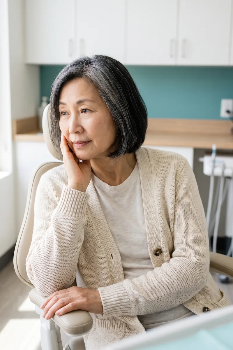 Woman in a dental chair thinking about options for missing or failing teeth