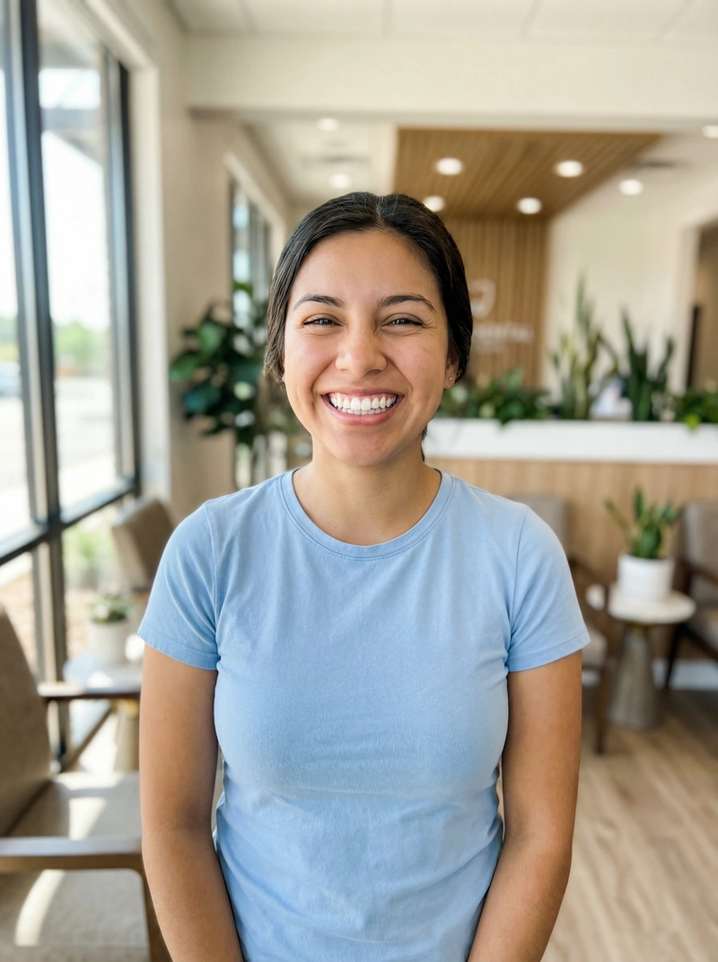 Relieved patient smiling after emergency dental treatment at myDental San Marcos