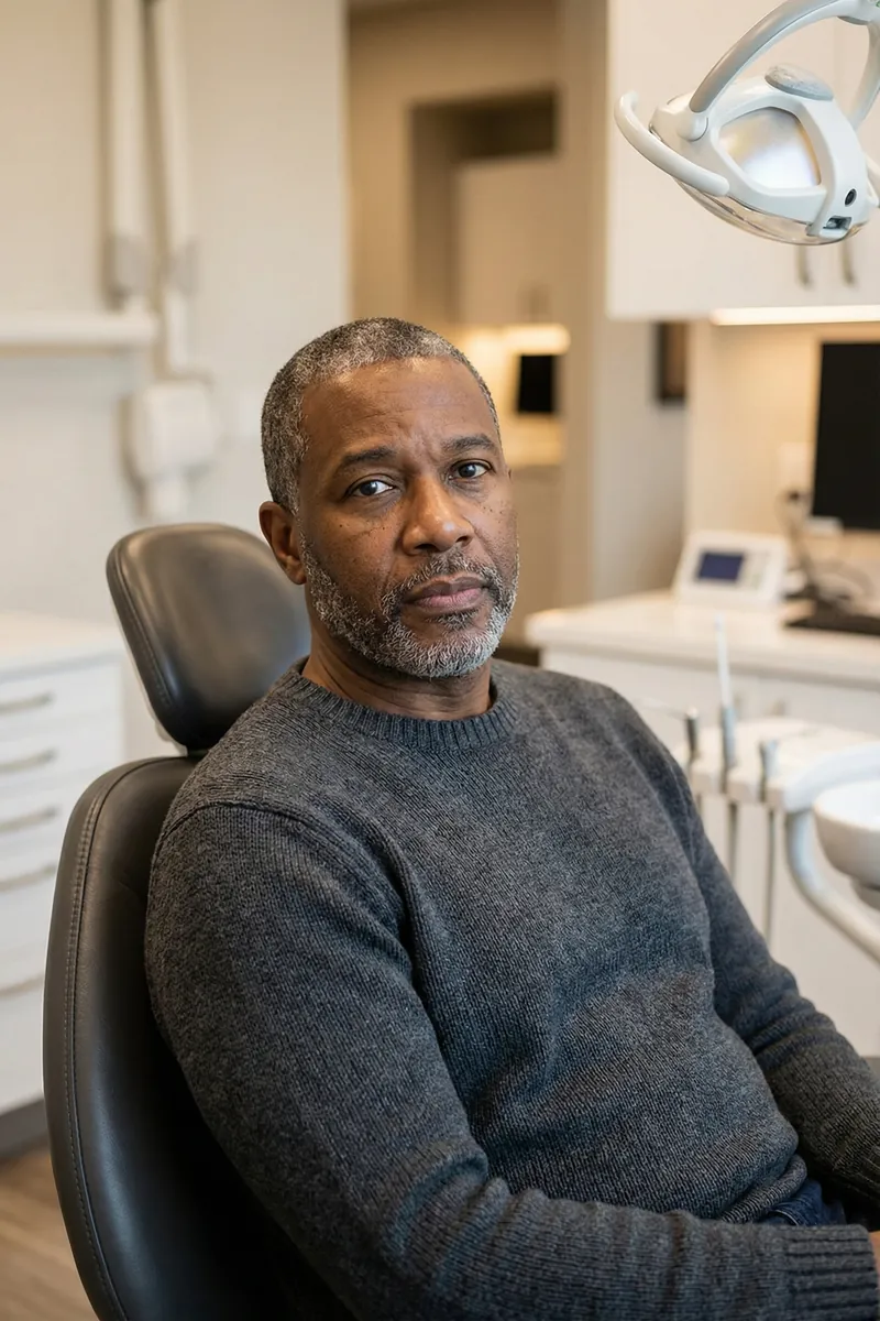 Confident patient smiling in dental chair at myDental Tech Ridge in Austin