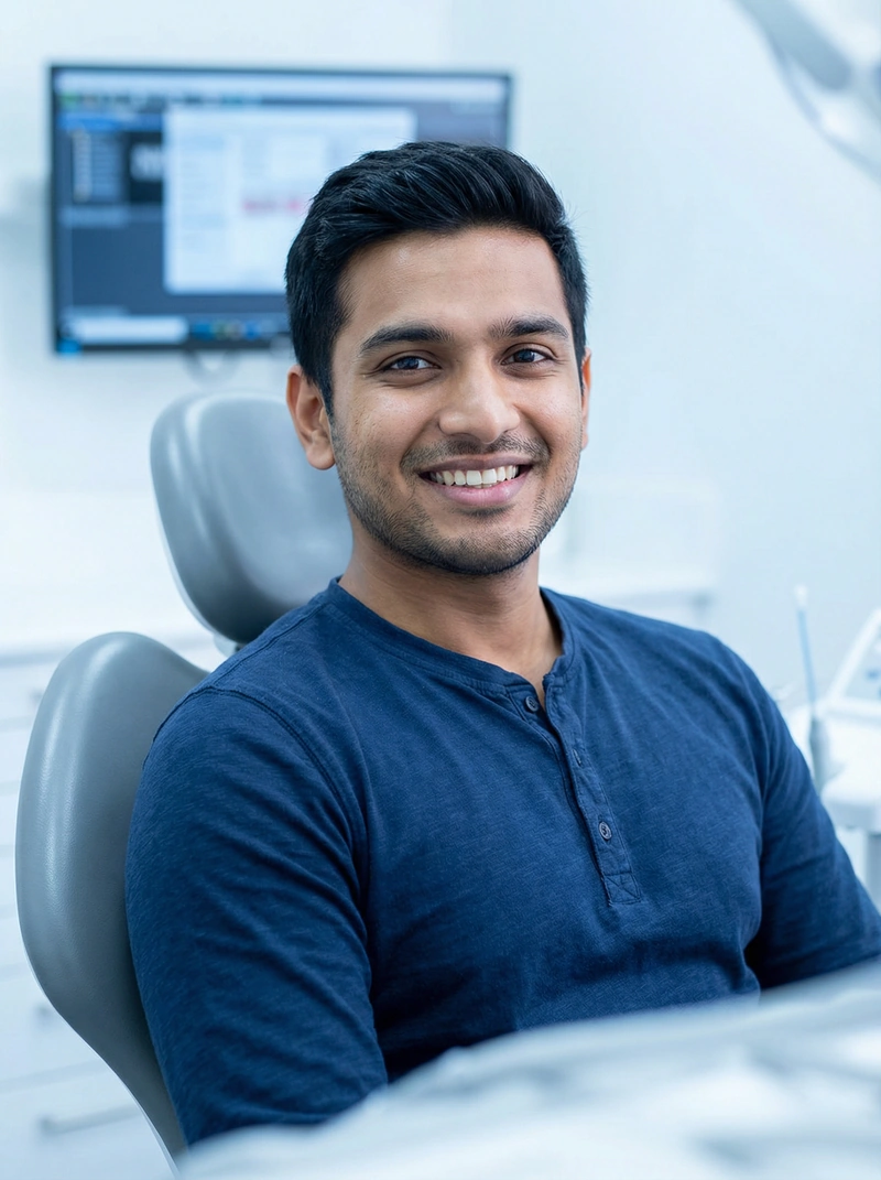 Relieved patient smiling after emergency dental treatment at myDental Tech Ridge