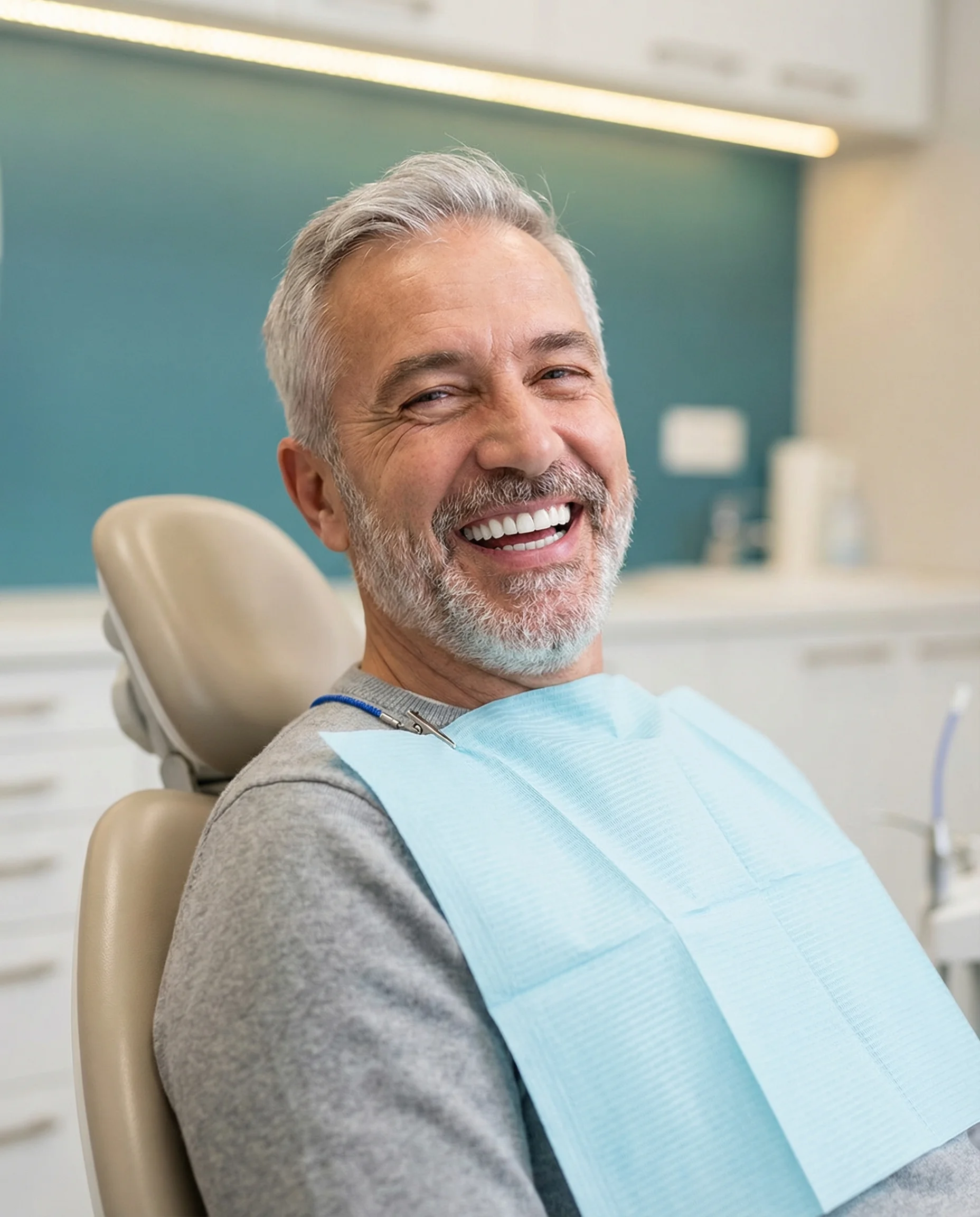 Happy patient showing restored smile after full mouth reconstruction at myDental Tech Ridge