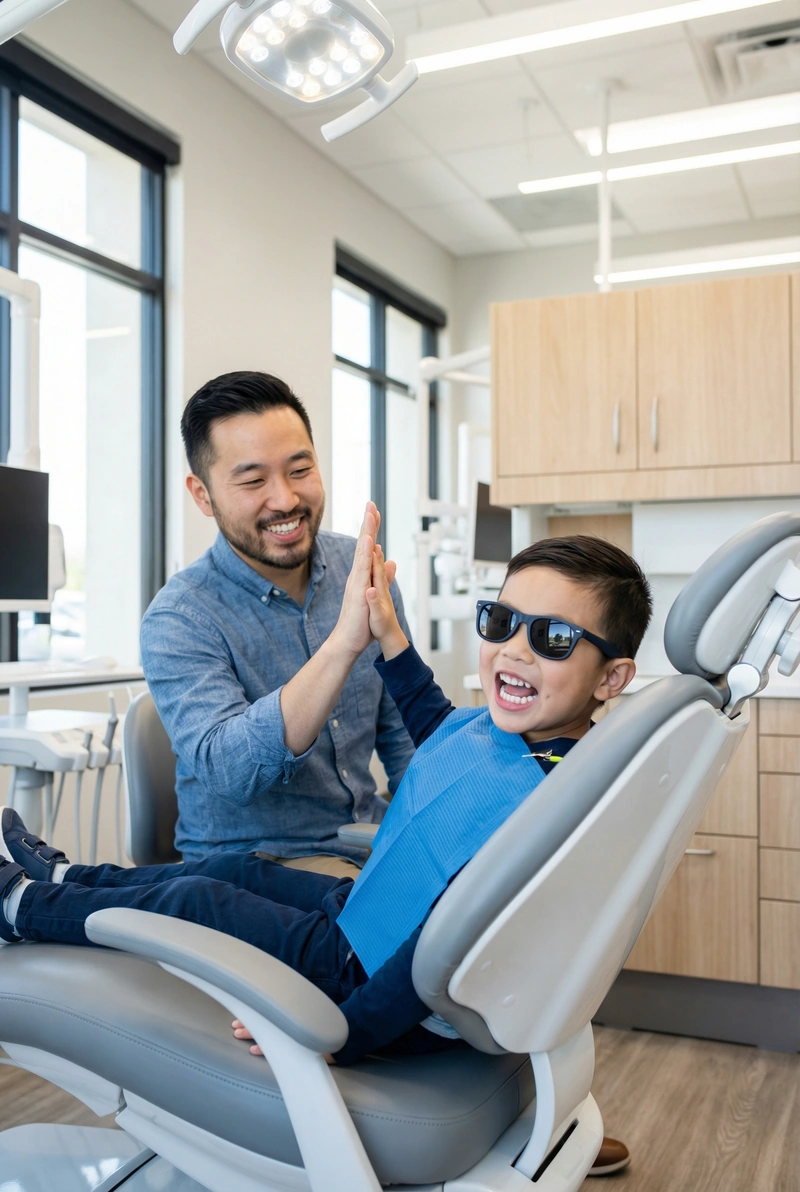 Happy child after a dental visit at myDental Tech Ridge