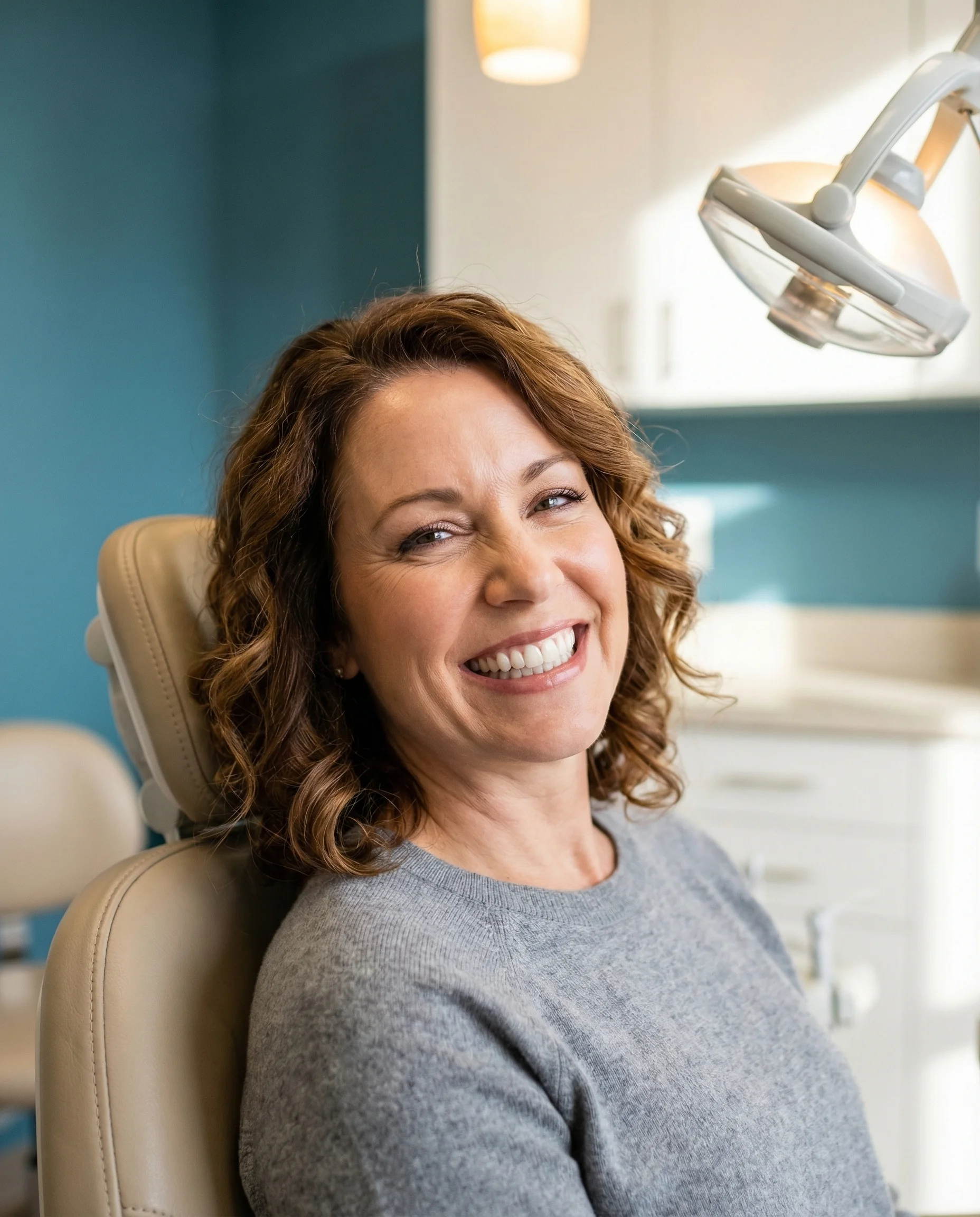 Happy patient showing off new smile after cosmetic dentistry at myDental Tech Ridge