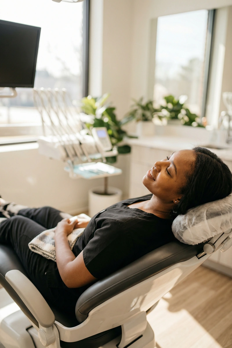 Relaxed patient smiling comfortably after a sedation dentistry appointment