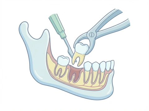 Illustration of a surgical tooth extraction showing a severely damaged molar being removed from the jawbone