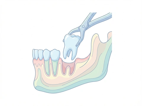 Illustration of wisdom tooth extraction showing an impacted third molar being carefully removed from the jaw