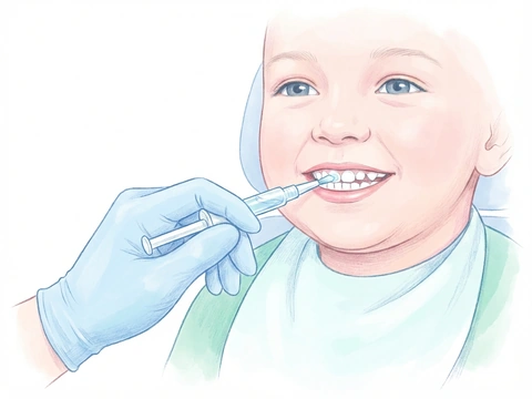 Fluoride varnish being applied to a child's teeth to strengthen enamel and prevent decay