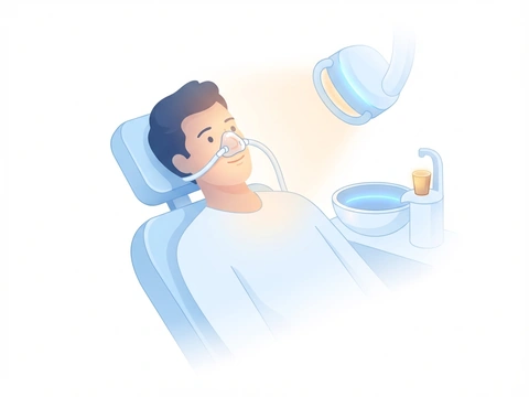 Patient wearing a nitrous oxide nose mask and relaxing comfortably during a dental procedure