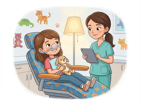 Child relaxing comfortably with a nitrous oxide nose mask during a gentle dental visit