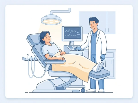Patient receiving sedation through an IV line while relaxing comfortably in a dental chair